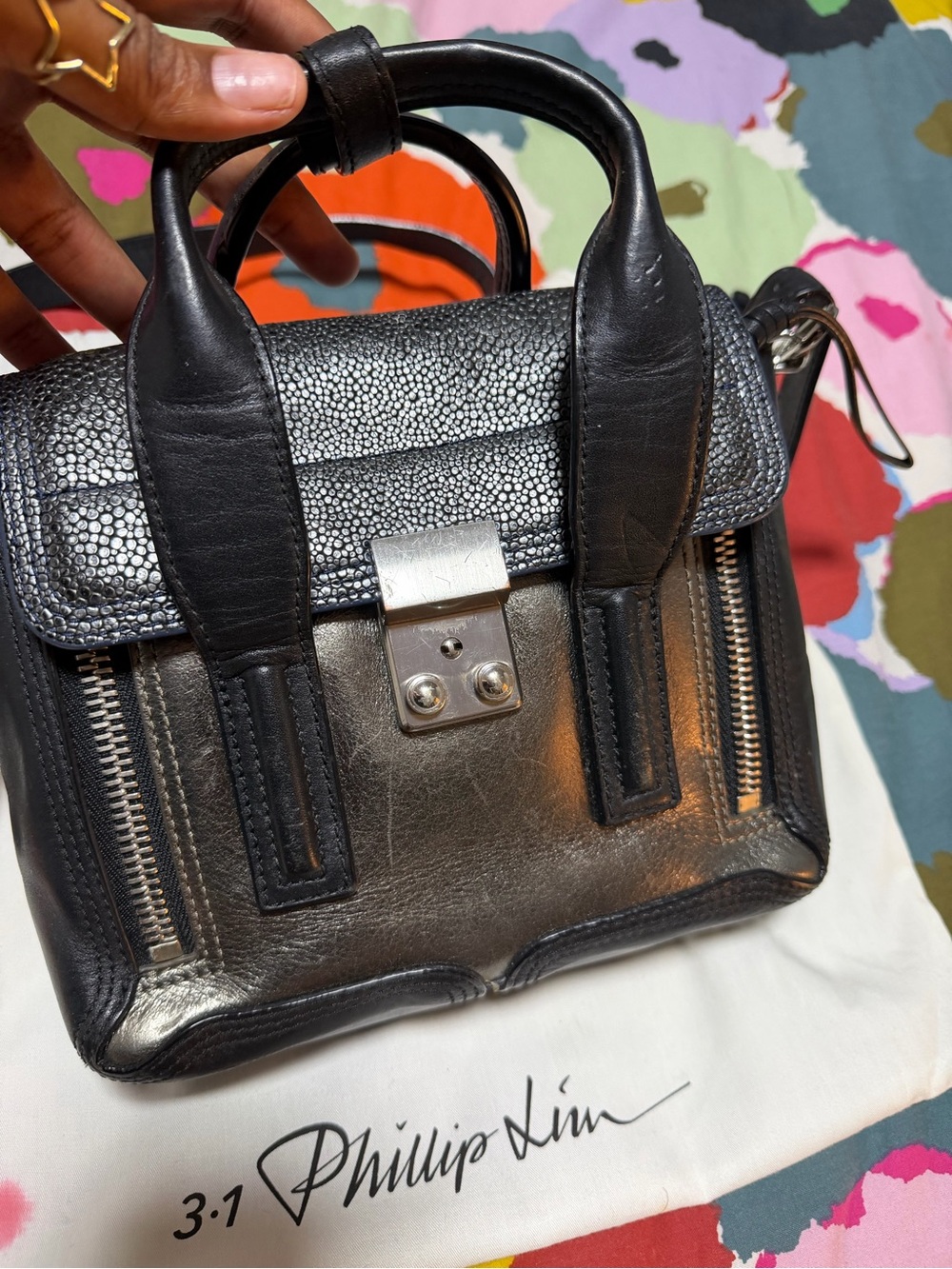 3.1 Phillip Lim Black Textured Leather Mini Satchel with Silver Hardware